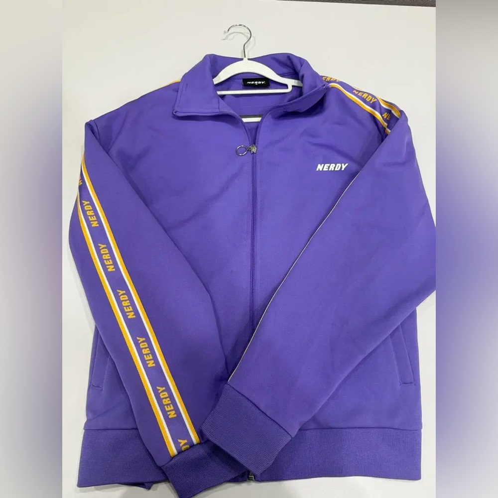 Nerdy Purple Matching Track Jacket & Pants Set w/ Yellow Side Stripe Size: Small